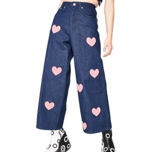 LAZY OAF Women's wide leg Pink Hearts Cut out Denim Jeans Size 26